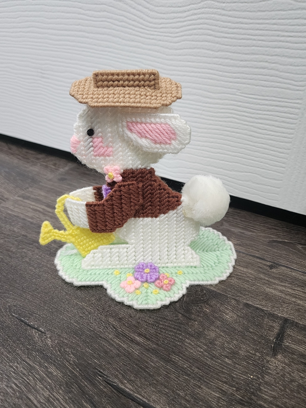 Handmade Bunny Plastic Canvas with Yellow Watering Can - Charming Home Accent
